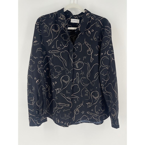Carmen Marc Valo Black & Gold Art Deco Long Sleeve Button Down Blouse Size Large - Picture 1 of 7